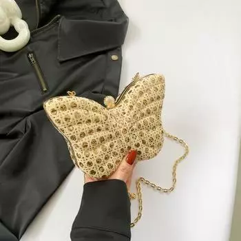 Summer versatile premium messenger bag women s bag 2025 new sequined butterfly chain shell bag чёрный