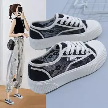 Summer Versatile White Shoes for Women Ins Trendy Casual Lace Thick Bottom Transparent Mesh Surface Shoes Women 35 чёрный