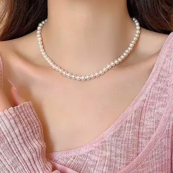Summer Very Fine Pearl Necklace for Women 2025 New Arrival Light Luxury Minority Clavicle Chain Fancy Necklace Ornament 6mm glass beads ~ Fashion single product