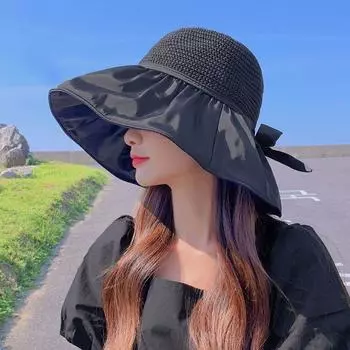 Summer Vinyl Sun Hat Female Cut Out Bows UV Protection Big Brim Face-Covering Sun Protection Hat Sun Hat Bucket Hat [Cut Out vinyl] Black One size