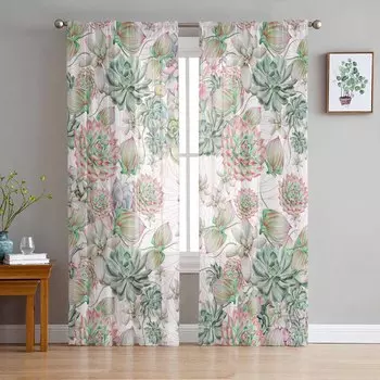 Summer Watercolor Tropical Plants Voile Sheer Curtains Living Room Window Tulle Curtain Kitchen Bedroom Drapes Home Decor W135 x H114cm