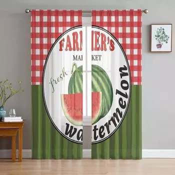 Summer Watermelon Fruit Farm Stripes Tulle Curtain Voile Transparent Tulle for Bedroom Living Room Kitchen Sheer Window Curtains W135 x H114cm