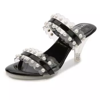 Summer wear cool slippers women s new fashion pearl word transparent high-heeled women s shoes 35
