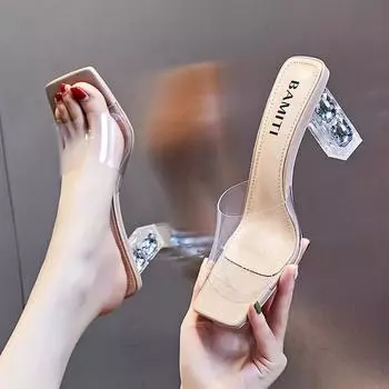 Summer wear crystal 2024 new square head thick heel transparent sexy high heels temperament sandals one-word slippers women 35