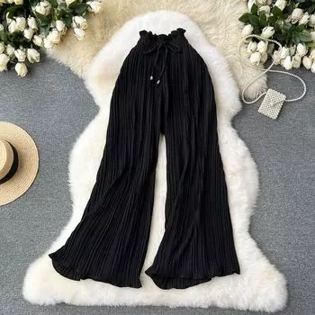 Summer Wear High Waist Strap All-Matching Casual Pants Women s Chubby plus Size Slimming Slim Fit Draping Effect Wide Leg Pleated Pants Black One size