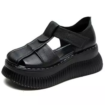 Summer wear muffin thick-soled leather bag head sandals women s cowhide retro niche design women s shoes 35 чёрный