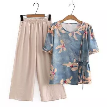 Summer Wear Suit Cotton and Linen Western Style Middle-Aged and Elderly Women s Clothing Grandma Dress Elderly Short-Sleeved T-shirt 2025 New Arrival Blue 2XL