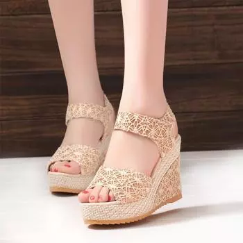 Summer wedge sandals summer new thick-soled muffin heels lace lace-up hollow sandals women 34 чёрный