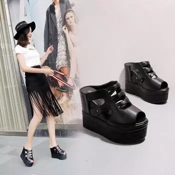 Summer Wedges Women Shoes 12cm Fashion Fish Mouth High Heels Slippers Black White Hollow Out Platform Outdoors Ladies Sandals 34 чёрный