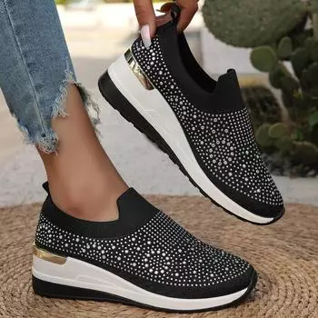 Summer White Sneakers Women Vulcanized Shoes Fashion Sneakers Women Flats Slip on Sock Trainers Ladies Bling Zapatos De Mujer 37 чёрный