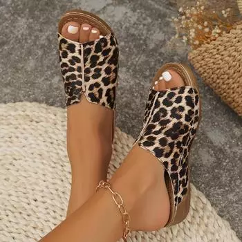 Summer Woman Buckle Female Footwear Women s Open Toe Wedge Leopard Print Breathable Comfortable Sandals 43 коричневый
