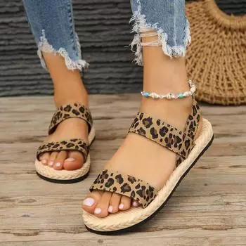 Summer Woman Shoes Sandals Breathable Women Shoe Round Head Open Toe Leopard Casual Comfortable Women‘s Flats Shoes 35 леопардовый