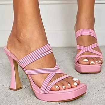Летние женские туфли на высоком каблуке 11 см, на платформе 2 см, шлепанцы, мюли, женские туфли на толстом блочном каблуке, тапочки для ночного клуба, розовые туфли для подиума 38 розовый