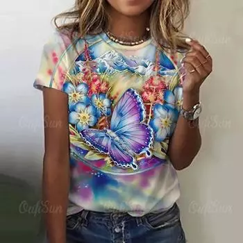 Summer Women 3D Butterflies Printing T-shirt Vintage Tops Tees Fashion Short Sleeve Clothing Female XXS