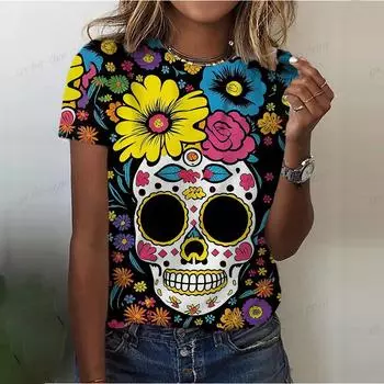 Summer Women 3D Flower Skull Print T-Shirt Fashion Trend Tops Tees Ladies Casual Short Sleeve Clothing Vintage Streetwear XXS