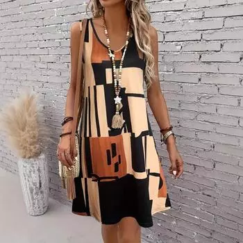 Summer Women All Over Print Round Neck Dress Casual Sleeveless Dress XXL
