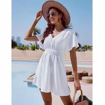Summer Women Dress Beach Casual V-neck High Waist Short Sleeve Ruffled Dress for Women Party Vacation S