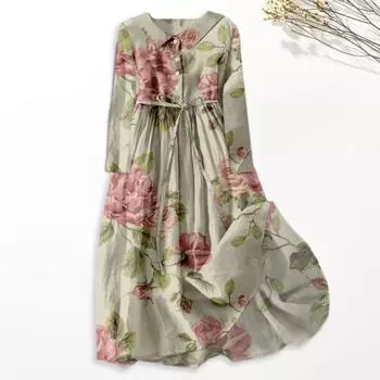 Летнее женское платье с принтом, отложным воротником, плиссированным поясом на шнуровке, длинными рукавами, в стиле бохо, полуоднобортное, А-силуэт, свободный подол, для свиданий и отпуска L