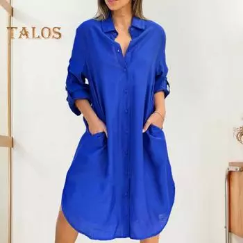 Летнее женское платье с отложным воротником, свободные длинные рукава, однотонное однотонное платье до середины икры с боковыми карманами, однобортное повседневное повседневное платье миди для поездок на работу XL синий