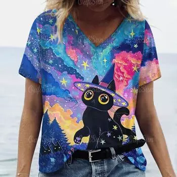 Summer Women Fashion T-shirt Cartoon Starry Sky Cat V-Neck Tops Tees Female Casual Short Sleeve Clothing Ladies Vintage Outfit S