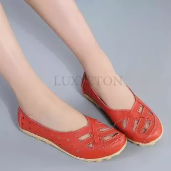 Summer Women Flat Shoes Casual Shoes Leather Slip-on Lofers Ladies Non-slip Cut Out Breathable Women s Moccasins Zapatos Mujer 35 чёрный