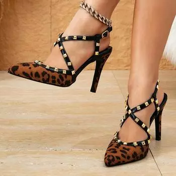 Summer Women Heeled Sandals Leopard Print Rivet Stiletto High Heels Ankle Buckle Pumps Party Dress Shoes 36