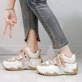 Summer Women Hollow Out Breathable Chunky Sneakers Mesh Breathable Shoes Increasing Wedges Shoes Casual Anti Slip Platform Shoes 35