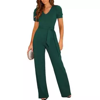 Summer Women Jumpsuit Straight Wide Leg Hidded Zipper Short Sleeves V Neck Solid Color Lace-up Belted Tight Waist OL Commute Style Deep Crotch M