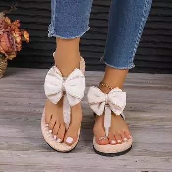 Summer Women Linen Slippers Ultralight Travel Beach Sandals Sweet Ribbon Bow Designer Slippers Casual Flip Flops Slides Women 35
