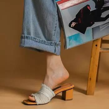 Summer Women Open Toe High Heel Slippers Retro Chunky Heel Platform Slides 2024 New Summer Breathe Comfort Sandals zapatillas 37 бежевый