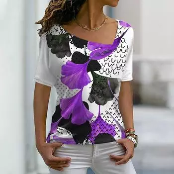 Летняя женская футболка с абстрактным принтом «Листья», круглый вырез, базовые винтажные топы, свободные, XS-8XL S