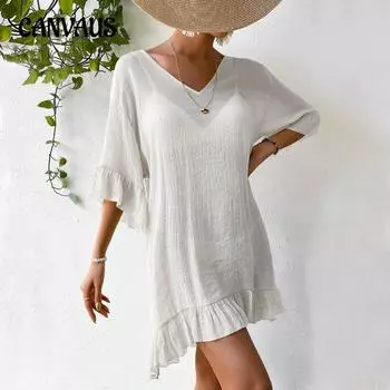 Летнее женское пляжное платье Солнцезащитное платье с бабочкой на спине и V-образным вырезом с расклешенными рукавами, накидка больших размеров One Size белый