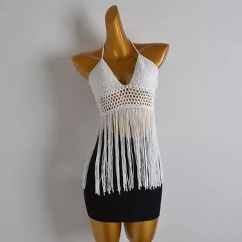 Summer Women s Beach Vacation Style Sexy Sexy Fringe Halterneck Knitted Small Tank Top Vest Cut Out Smock Top Picture color S