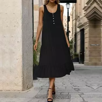Summer Women s Black Halter Midi Dresses Chic Comfortable and Versatile Temperament Elegant Casual Women s Clothing Gentle Lady s Dress S чёрный