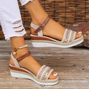 Summer Women s Braided Casual Sandals Buckle Strap Platform Wedge Sandles for Women Light Non Slip Walking Sandalias 42EU/CN43 бежевый