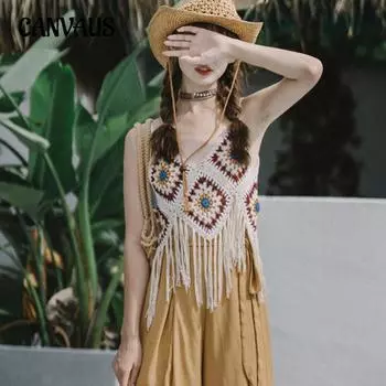Летняя женская кофточка в этническом стиле с лямкой на шее, вязаный крючком топ ручной работы с лямкой на шее, богемный жилет с кисточками для путешествий и праздника One Size белый