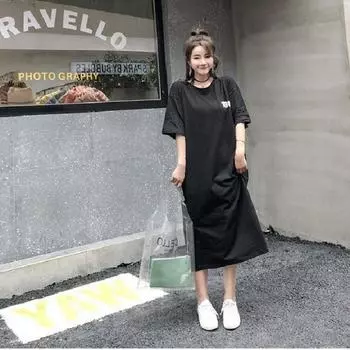 Summer Women s Casual Long Dress Loose Over The Knee T-shirt Long Dress M чёрный