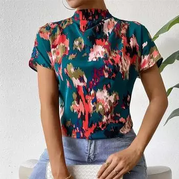 Летняя женская повседневная рубашка с коротким рукавом с многоуровневым воротником и принтом S темно-зеленого