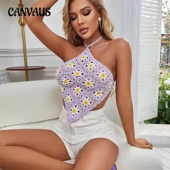 Летний женский сексуальный пляжный топ с открытой спиной и цветочной вышивкой One Size оранжевый