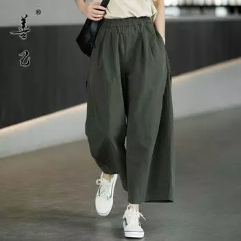 Summer Women s Clothing Cotton Slim Loose Cropped Wide-Leg Pants Green M([47.50 kg-57.50 kg]])