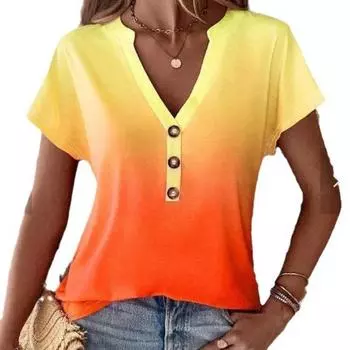 Summer Women s Clothing Gradient Print Twist Button Fashion Loose Casual V-neck Short Sleeved T-Shirts Women’s S оранжево-красный