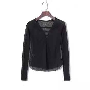 Summer Women s Clothing Korean Style Fashion Simple Pure Color Sexy Deep V Neck Pullover Long Sleeves Slim-Fit Lightweight Thin See-through T-shirt Black XS/S