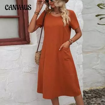 Летние женские хлопковые и льняные однотонные свободные платья с круглым вырезом и короткими рукавами S армия зеленый