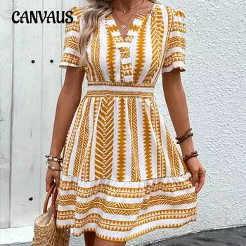 Летнее женское платье с высокой талией и V-образным вырезом в стиле бохо S жёлтый