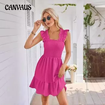 Летнее женское платье без рукавов с квадратным вырезом, плиссированные короткие мини-платья с открытой спиной S чёрный