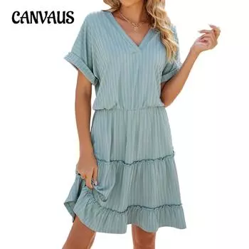 Летнее женское платье, однотонное, с v-образным вырезом, свободные лоскутные платья с короткими рукавами S чёрный