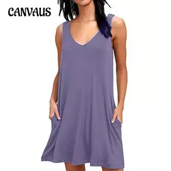 Летнее женское платье с v-образным вырезом без рукавов, свободные повседневные карманные платья S белый