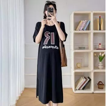 Summer Women s Dress with Small Fly-sleeved Slits Large Size Loose and Slimming Knee-length Dress L чёрный