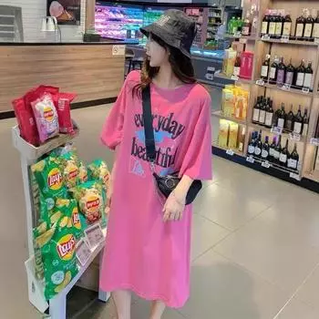 Summer Women s Dress with Summer Letter Print Slit Loose Short-sleeved Dress M