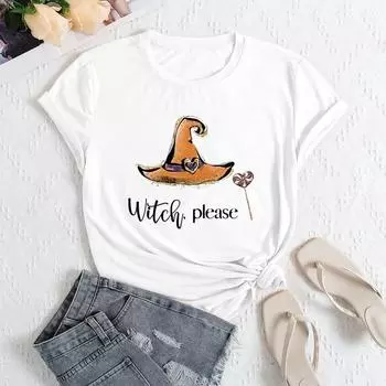 Summer women s fashionable magic hat printed short sleeved casual loose cotton round neck top S белый